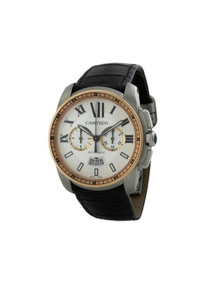 Cartier - 2010 pre-owned Calibre de Cartier 42mm - men - Leather/18kt Rose Gold/stainless steel - One Size - Black