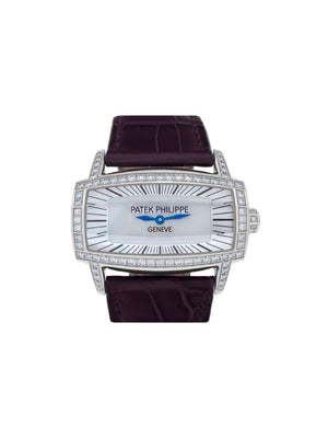 Patek Philippe - 2014 pre-owned Gondolo Gemma 37mm - women - Leather/Diamond/18kt White Gold/Mother of Pearl - One Size - WHITE