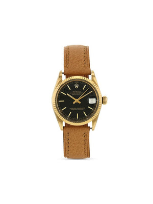 Rolex - 1974 pre-owned Oyster Perpetual Date 28mm - women - Leather/Yellow Gold - One Size - BLACK