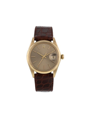 Rolex - pre-owned Oyster Perpetual Date 34mm - men - Leather/18kt Yellow Gold - One Size - GOLD