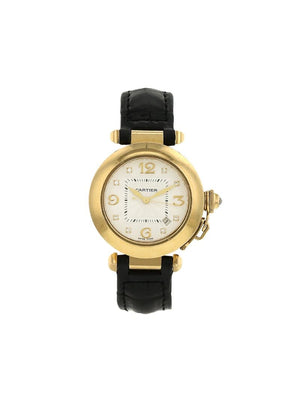 Cartier - 1990 pre-owned Pasha 32mm - women - Leather/Sapphire Glass/Yellow Gold - One Size - White