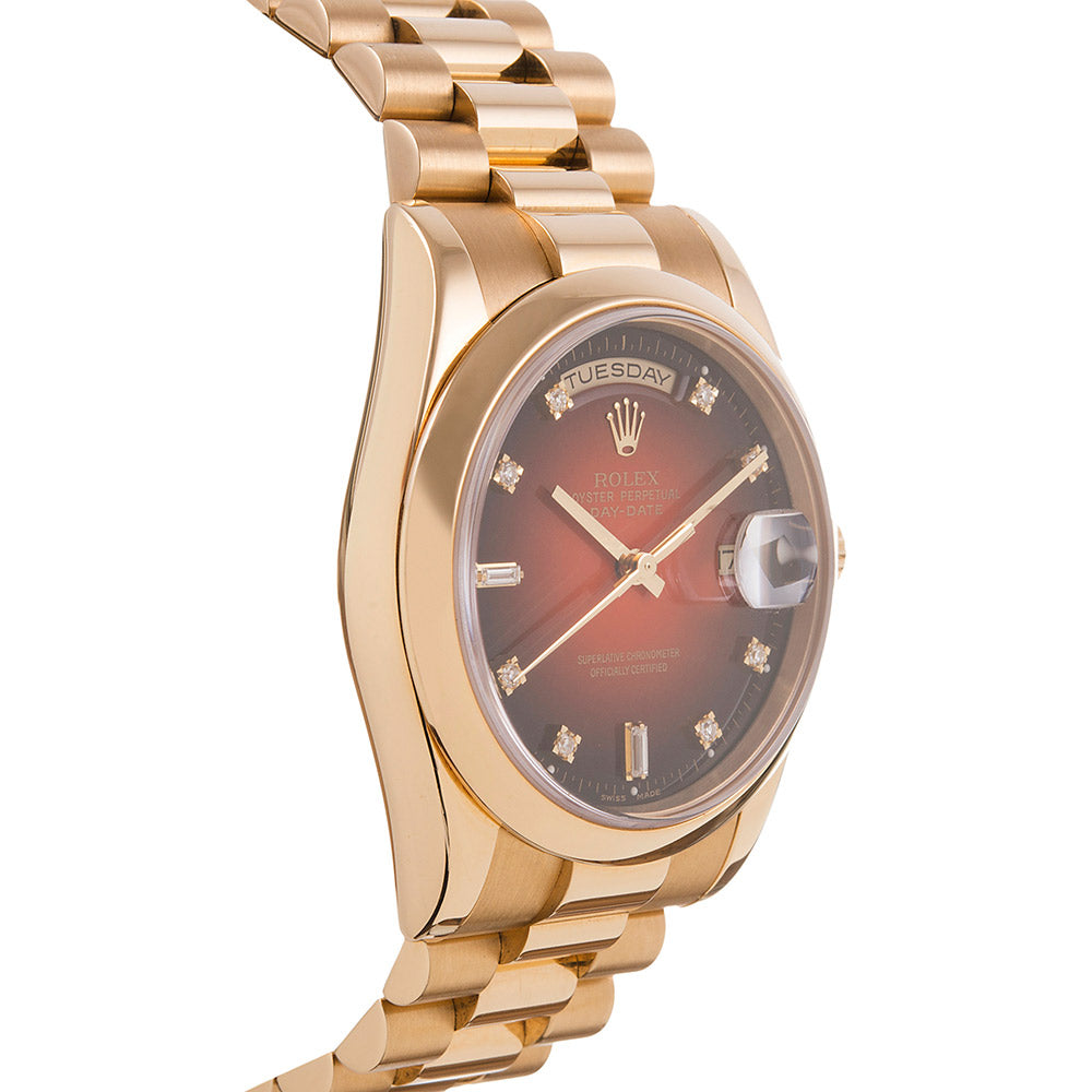 Circa 2000 \"Swiss Only\" Rolex Day-Date with Red Vignette Diamond Dial