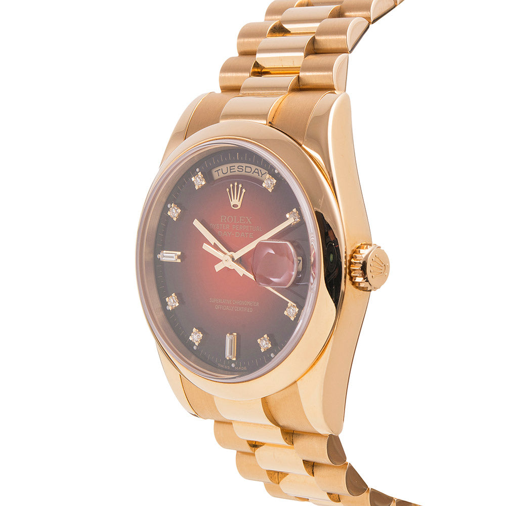 Circa 2000 \"Swiss Only\" Rolex Day-Date with Red Vignette Diamond Dial