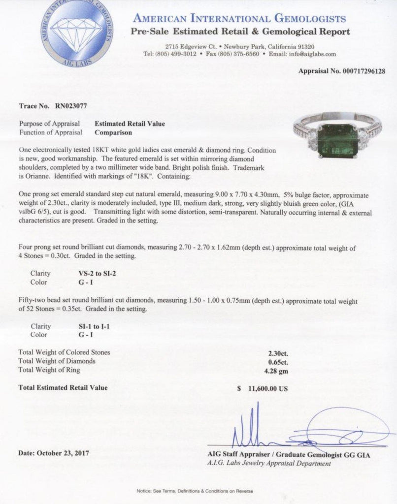 2.30ct Emerald and 0.65ctw Diamonds 18KT White Gold Ring