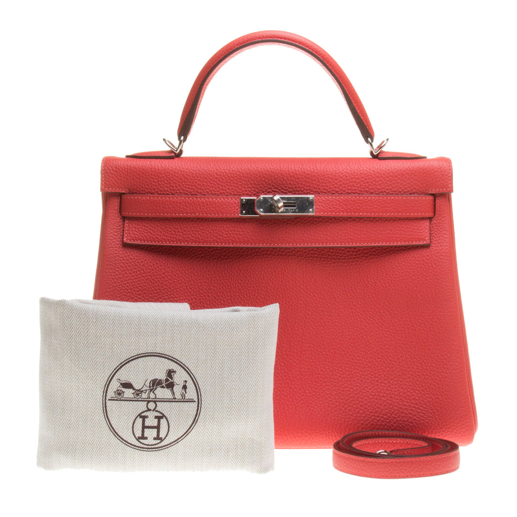 Hermes Rouge Pivoine Clemence Leather Kelly 32cm (R Stamp)