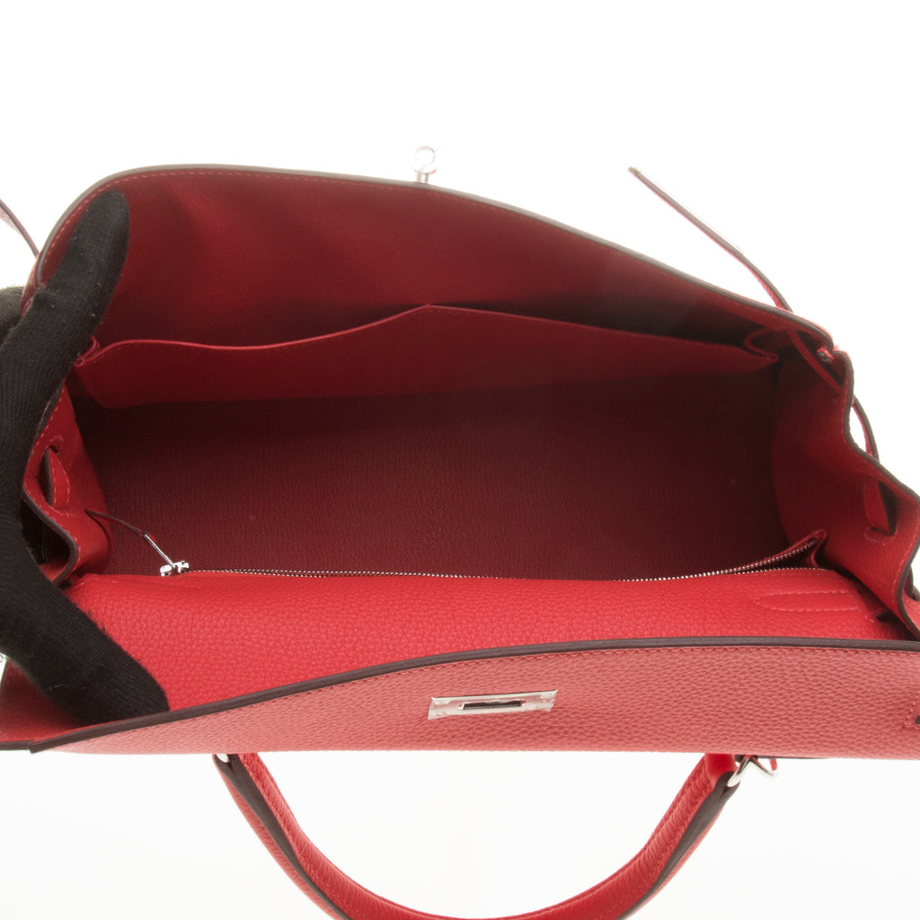 Hermes Rouge Pivoine Clemence Leather Kelly 32cm (R Stamp)