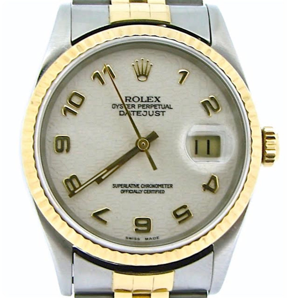 Pre Owned Mens Rolex Two-Tone Datejust with a White Arabic Dial 16233
