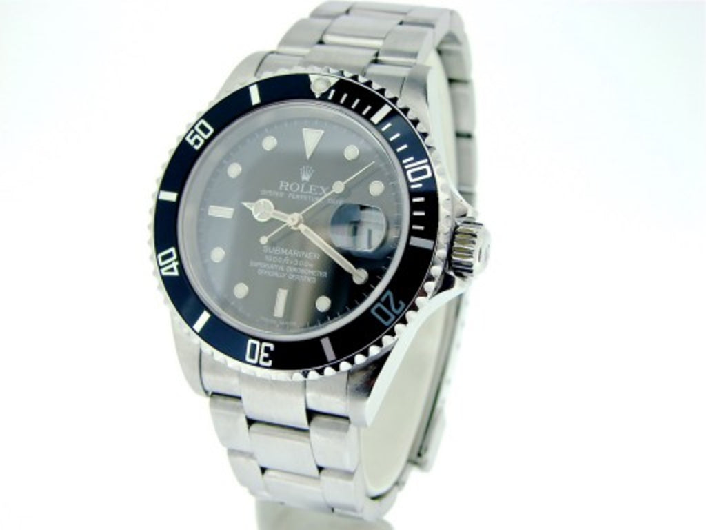 PRE OWNED MENS ROLEX STAINLESS STEEL SUBMARINER DATE WITH A BLACK DIAL 16610T