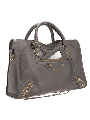 Classic Metallic Edge City Medium Grey Leather Tote
