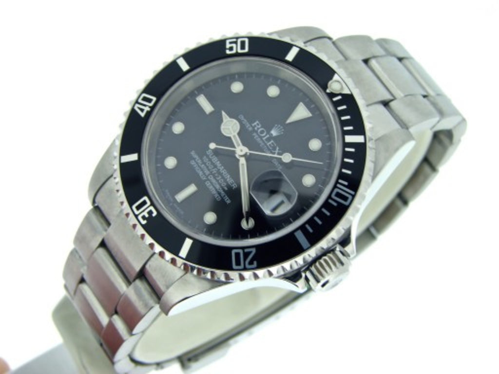 PRE OWNED MENS ROLEX STAINLESS STEEL SUBMARINER DATE WITH A BLACK DIAL 16610T