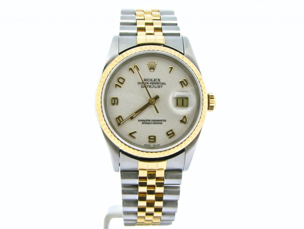 Pre Owned Mens Rolex Two-Tone Datejust with a White Arabic Dial 16233