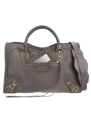 Classic Metallic Edge City Medium Grey Leather Tote
