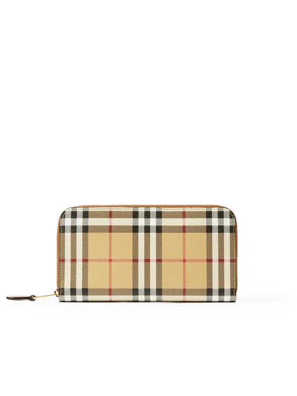 Leather and Check Zipped Wallet in Archive Beige