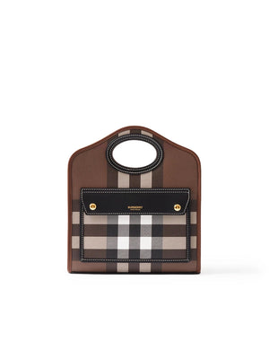 Check and Leather Mini Pocket Bag in Dark Birch Brown