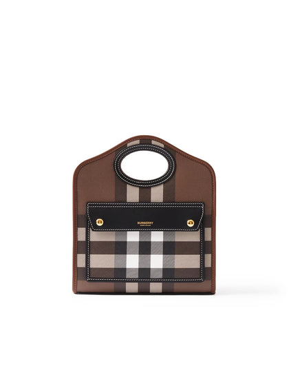 Check and Leather Mini Pocket Bag in Dark Birch Brown