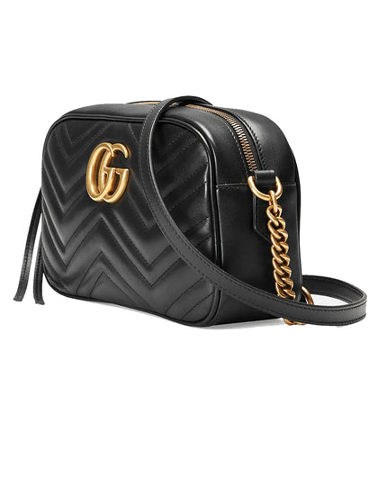 GG Marmont Small Matelassé Zipped Black Leather Shoulder Bag