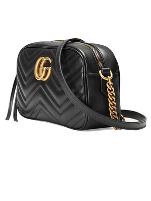GG Marmont Small Matelassé Zipped Black Leather Shoulder Bag