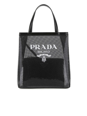 Logo Print Sequin Tote Bag in Black