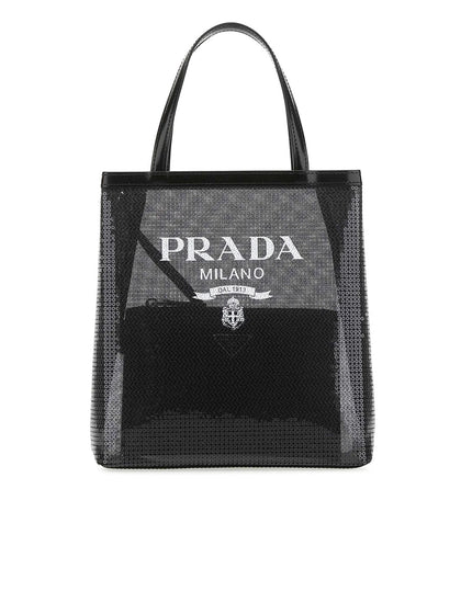 Logo Print Sequin Tote Bag in Black