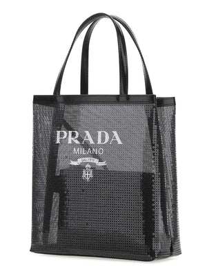 Logo Print Sequin Tote Bag in Black