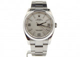 PRE OWNED MENS ROLEX STAINLESS STEEL OYSTER PERPETUAL WITH A SILVER ARABIC DIAL