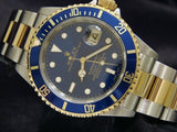 PRE OWNED MENS ROLEX TWO-TONE SUBMARINER DATE WITH A BLUE DIAL 16613T