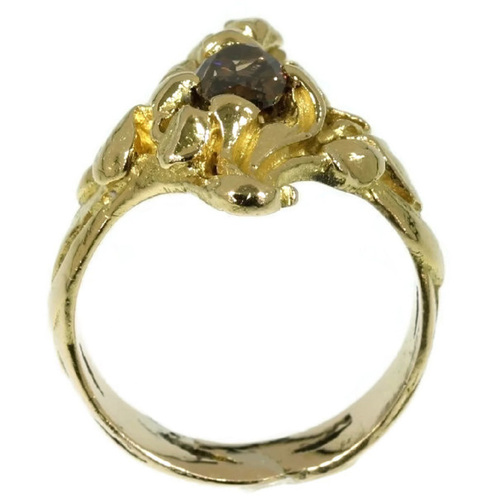 Art Nouveau Brown Diamond and Gold Floral Ring From France