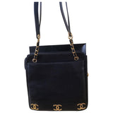 Chanel petite shopping tote black leather handbag