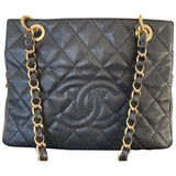 Chanel petite shopping tote black leather handbag
