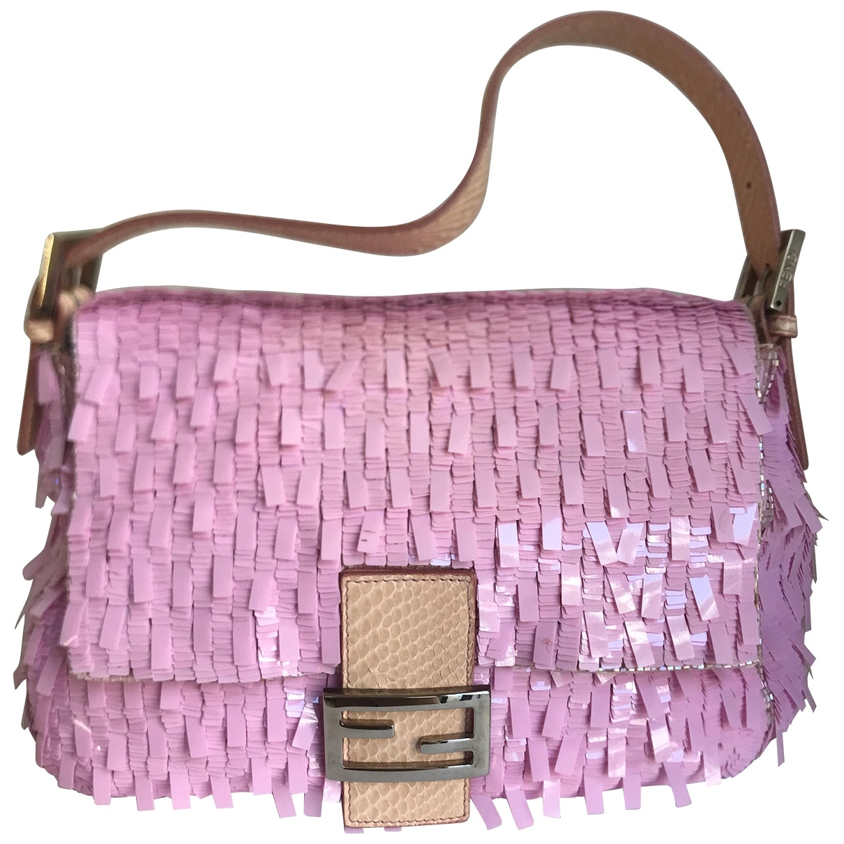 【FENDI】 pale pink leather mamma baguetta （関税送料込） SALE!! Fendi pink lambskin Mamma baguette w yellow enamel FF