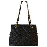 Chanel petite shopping tote black leather handbag
