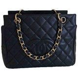 Chanel petite shopping tote black leather handbag