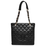 Chanel petite shopping tote black leather handbag