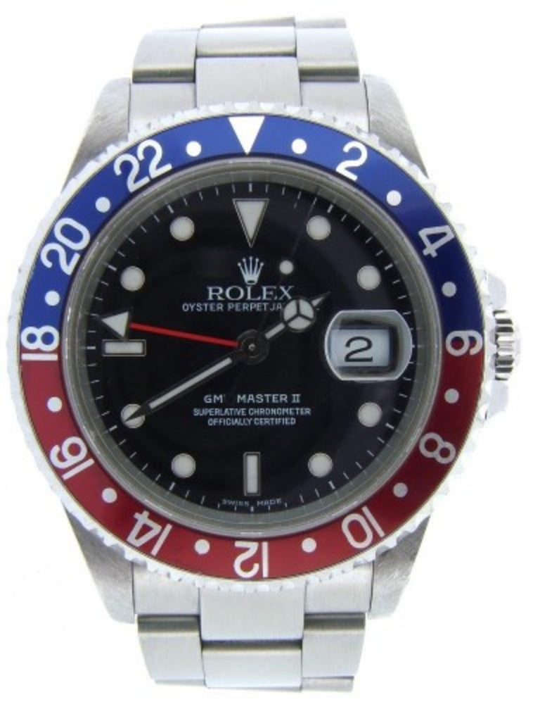 PRE OWNED MENS ROLEX STAINLESS STEEL GMT MASTER II PEPSI WITH A BLACK DIAL 16710