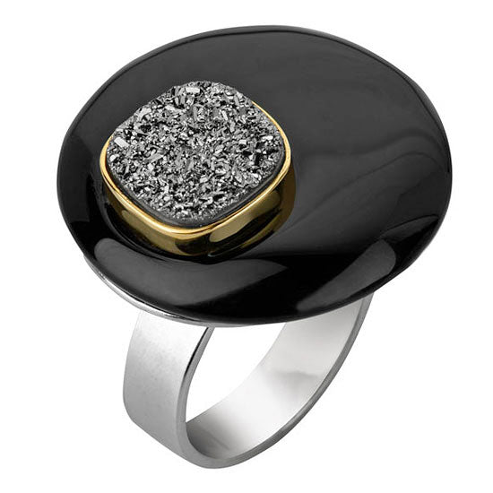 GOLD, DRUZY AND ONYX COCKTAIL RING