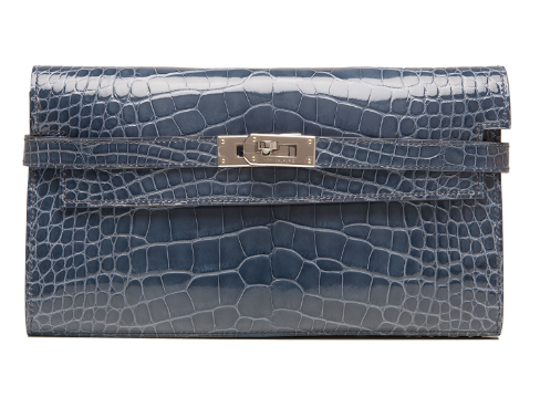 Hermes Blue Tempete Shiny Alligator Kelly Longue Wallet Clutch