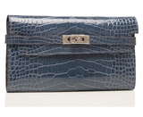 Hermes Blue Tempete Shiny Alligator Kelly Longue Wallet Clutch