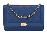Chanel Dark Blue Quilted Caviar Boy Wallet On Chain (WOC)