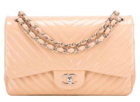 Chanel Beige Patent Chevron Jumbo Classic Double Flap Bag