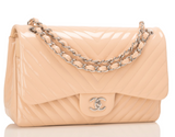 Chanel Beige Patent Chevron Jumbo Classic Double Flap Bag