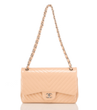 Chanel Beige Patent Chevron Jumbo Classic Double Flap Bag