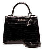 Hermes Black Shiny Niloticus Crocodile Kelly Sellier 25cm
