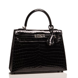 Hermes Black Shiny Niloticus Crocodile Kelly Sellier 25cm