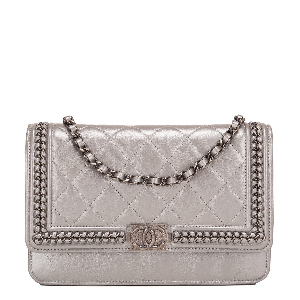 Chanel Silver Quilted Aged Calfskin Chain Around Boy Wallet On Chain (WOC)
