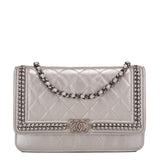 Chanel Silver Quilted Aged Calfskin Chain Around Boy Wallet On Chain (WOC)