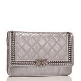 Chanel Silver Quilted Aged Calfskin Chain Around Boy Wallet On Chain (WOC)