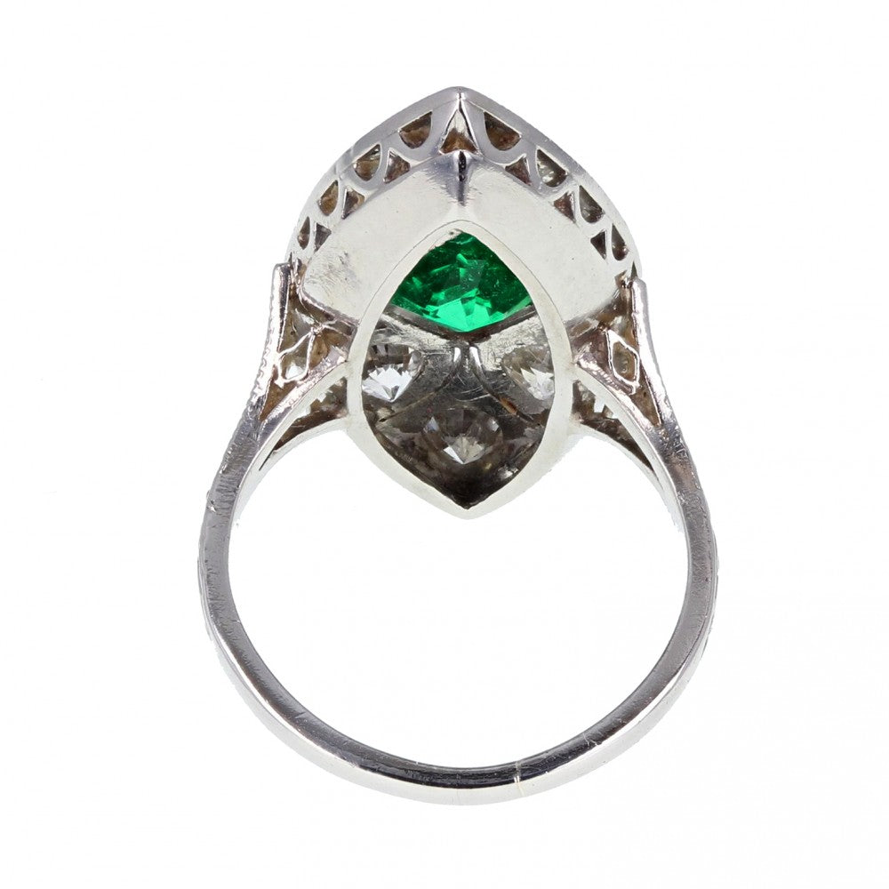 Art Deco Platinum Emerald and Diamond Marquise Panel Ring