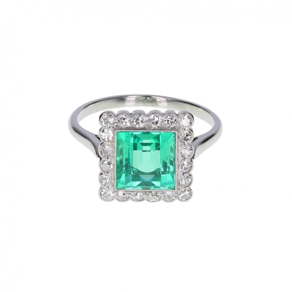 Art Deco Emerald and Diamond Border Cluster Ring