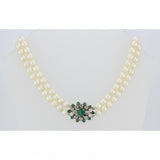 Double Strand Pearls and Antique Emerald and Diamond Clasp