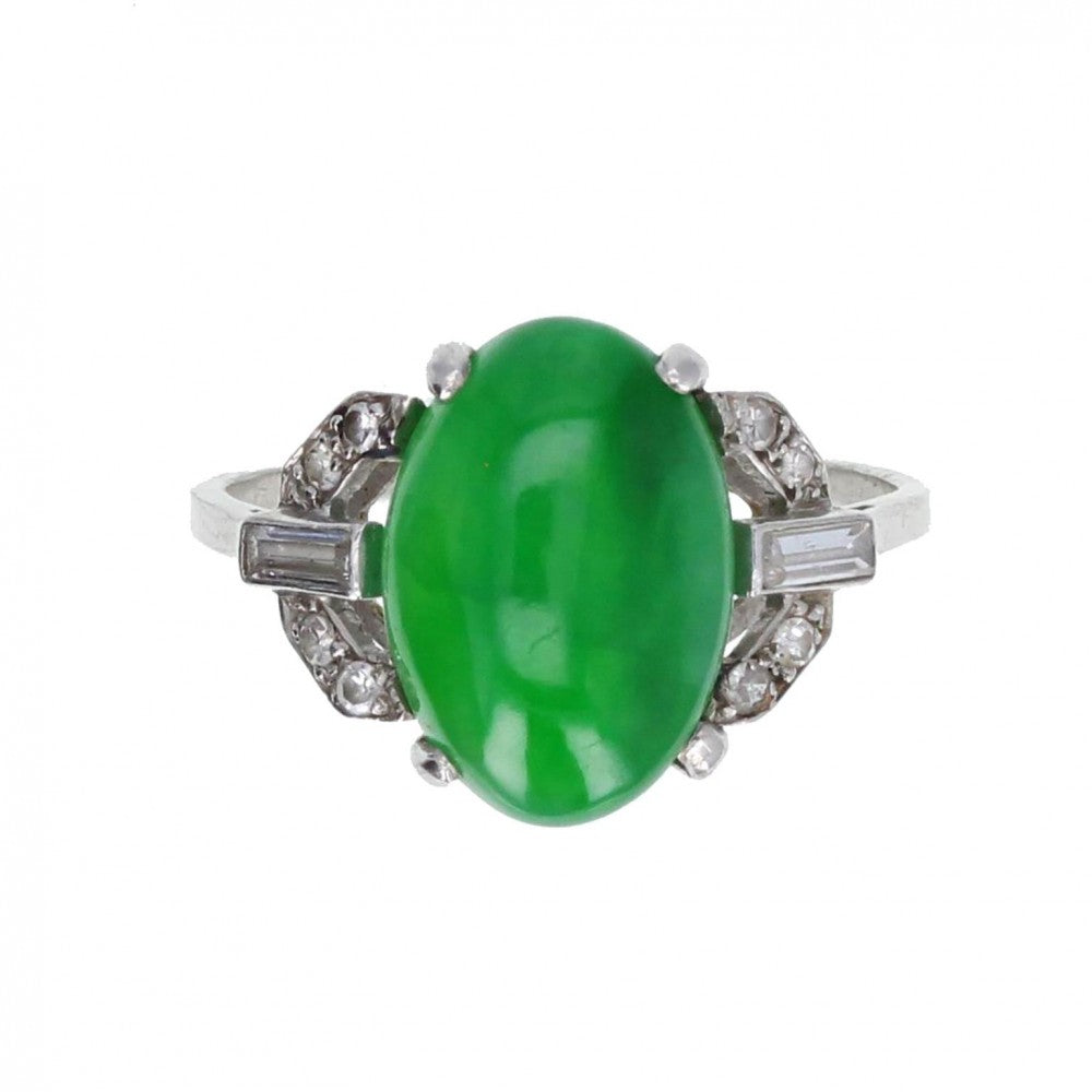 Art Deco Platinum Natural Jadeite Diamond Ring